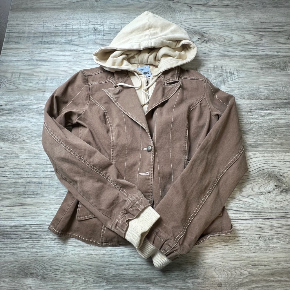 Mori‎ Hooded Blazer Jacket Womens 1 Brown Layered Contrast Stitch Utility Casual